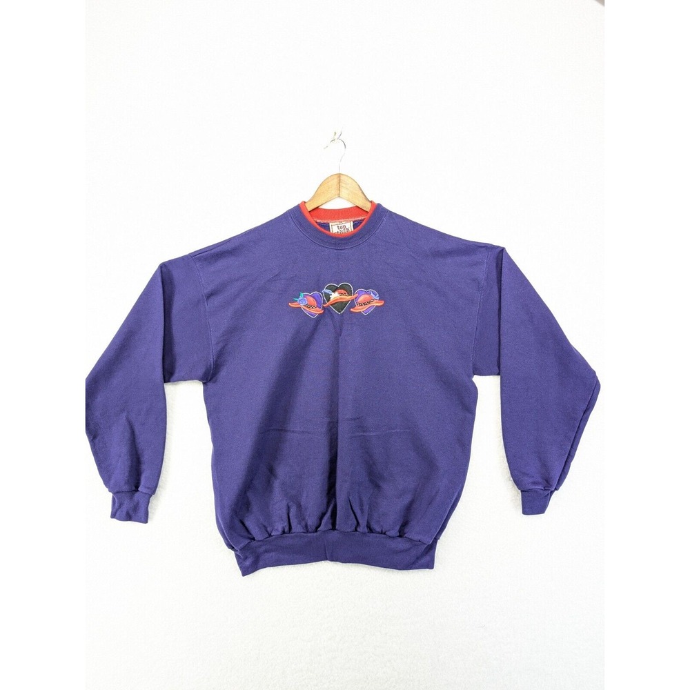 Top Stitch by Morning Sun Vintage XL Grandma Core Sweatshirt Purple Hats Hearts‎